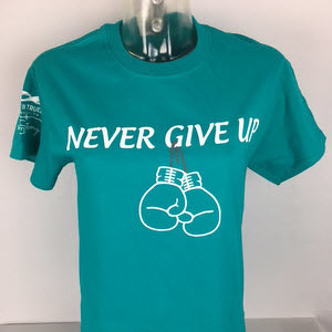 MTJF/SS Ovarian Cancer Ribbon Hat & Never Give Up T-Shirt